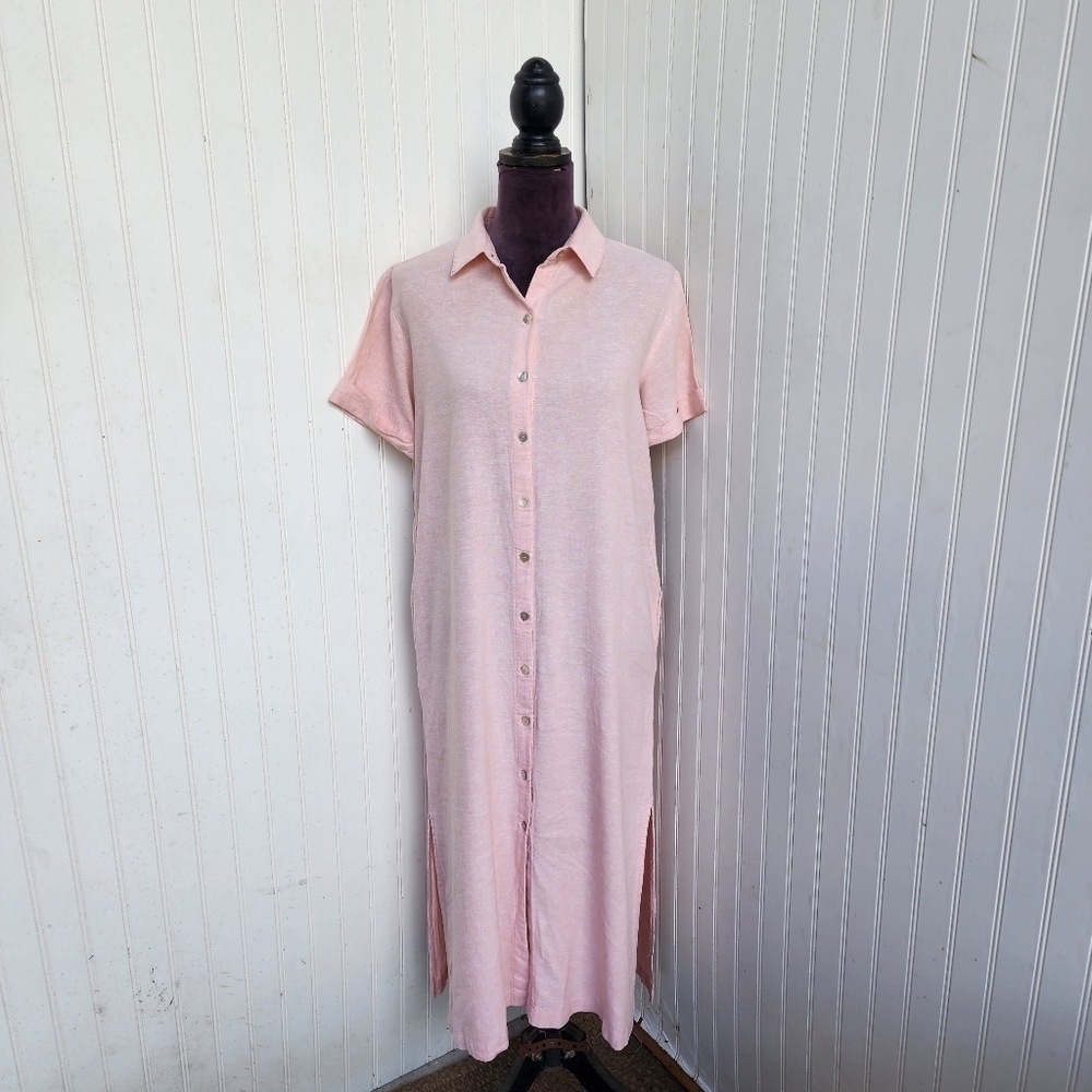 C & C California 100% Linen Button Front Midi Dress Women Lagenlook Pink Sz S